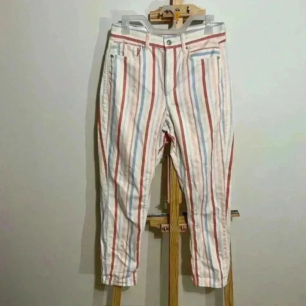 American Eagle outfitters multicolor, pinstripe, high-rise mom jeans size 6 ￼